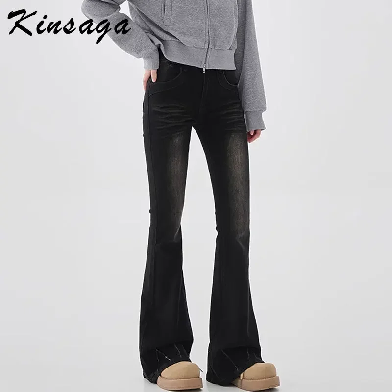 Kinsaga Black Skinny Slightly Flare Jeans Women Petite Girls High Waist Slimming Wide Leg Drape Mopping Pants Boot Cut Jeans