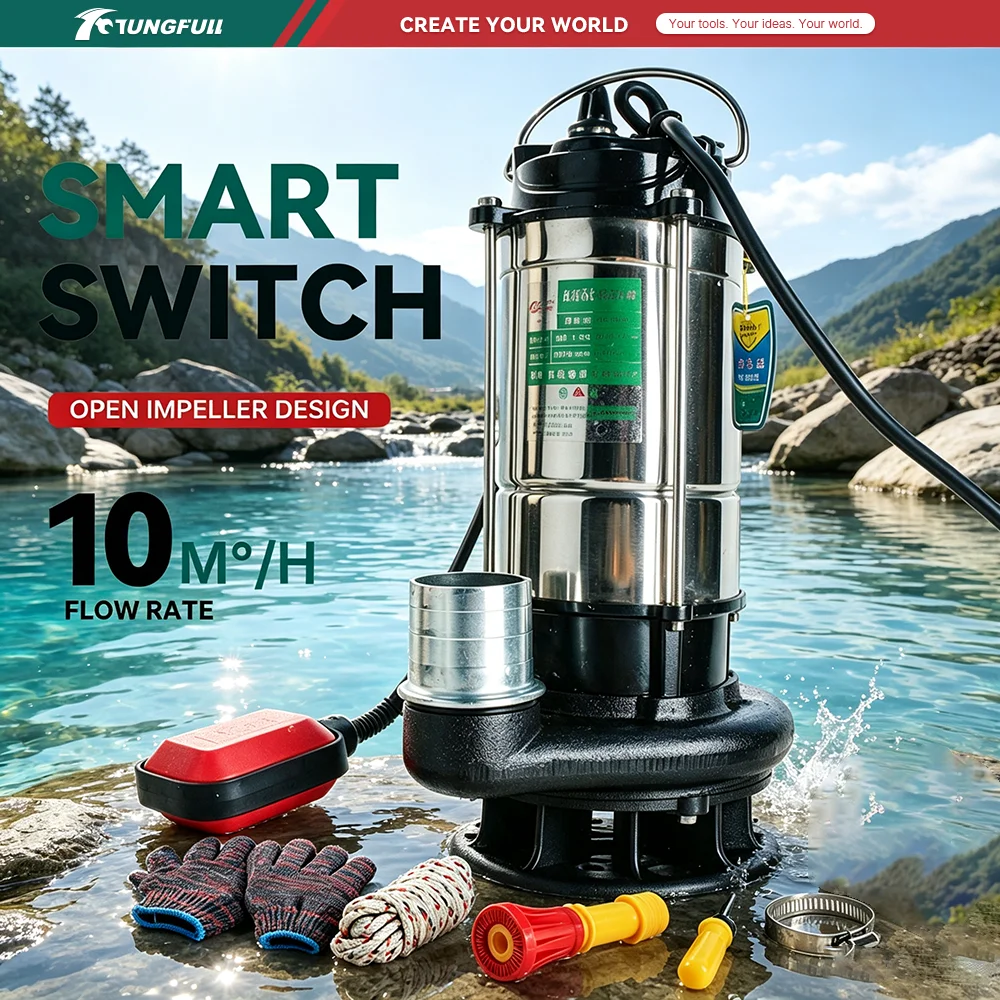 Submersible Sump Pump 220V Stainless Steel Float Switch Automatic, Drainage Pump for Basement Garden Irrigation 370W 750W 1100W