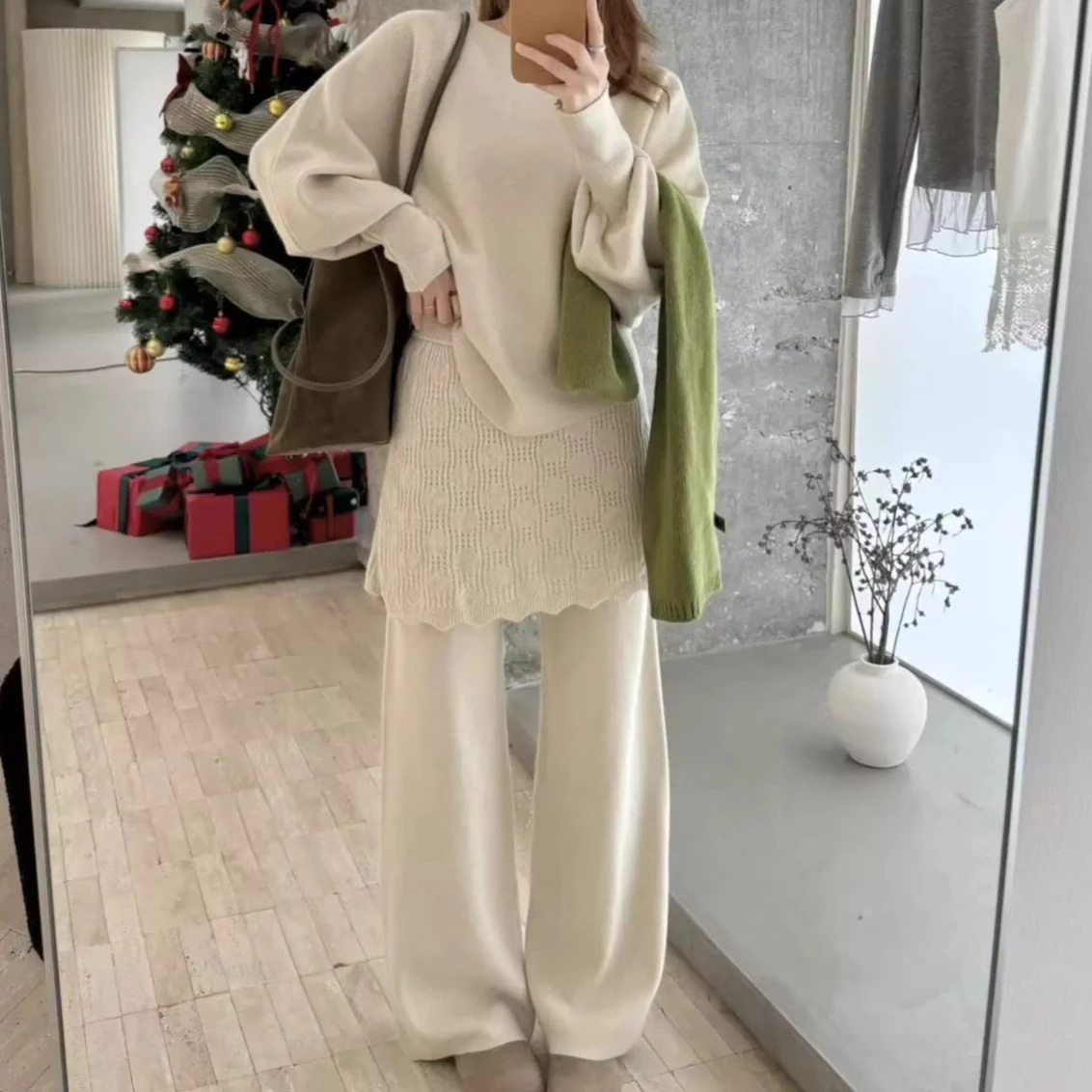 

Two Pieces Women Knitted Pant Sets Solid Matching Sets Round Neck Pullover Apron Skirt High Waist Pants Loose 2026 Autumn Winter