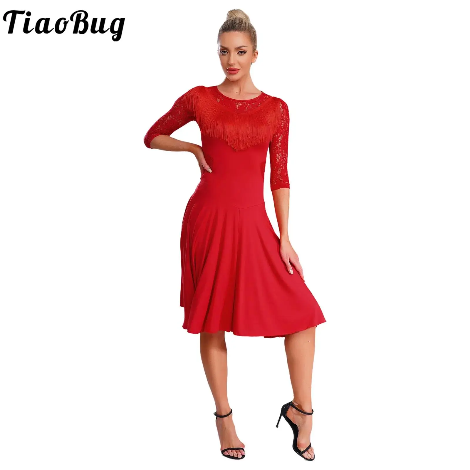 

Women Latin Rumba Ballroom Dance Dress and Shorts Sheer Floral Lace 3/4 Sleeve Swing Dress Set for Samba Tango Dance Competition
