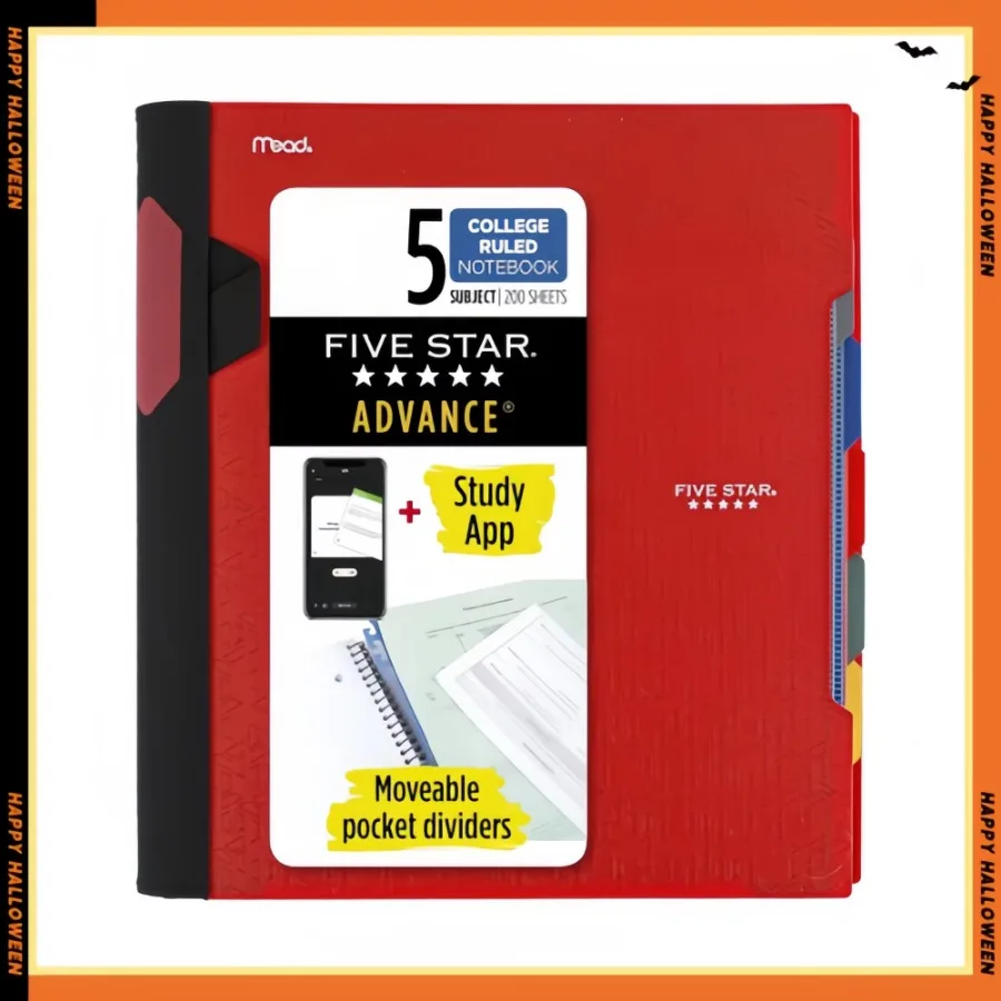 Cuaderno espiral Fire Red de 5 sujetos + aplicación - 200 hojas universitarias forradas con divisores