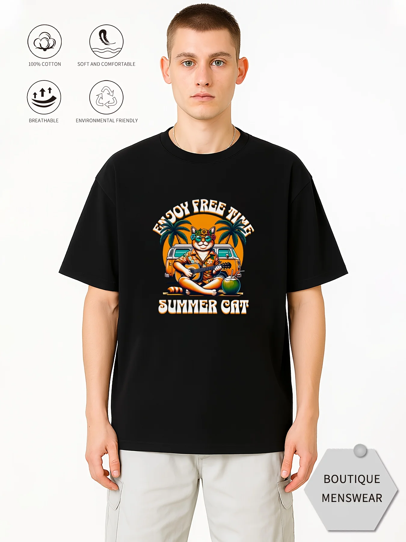 

Men's Japanese anime style summer cat and lucky casual pattern print black loose casual round neck short sleeved shirt