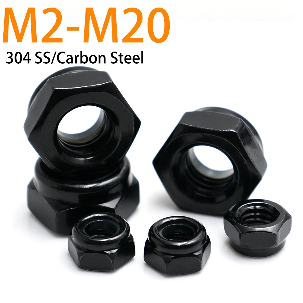 Black Zinc 304 Stainless Steel Nylon Lock Nuts Anti-Slip Self-Locking Nuts M2 M2.5 M3 M4 M5 M6 M8 M10 M12 M14 M16 M18 M20