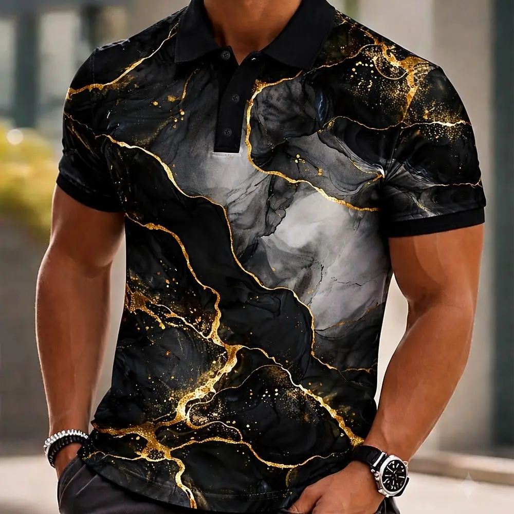 Men's Marble 3D Print Polo Shirts Short Sleeve Collared Button Casual Athleisure Daily Wear for Spring & Summer Blue Green Black