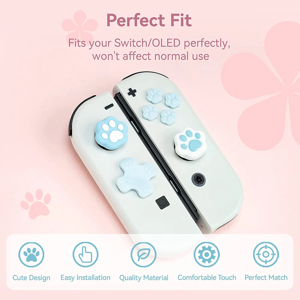 Cute Cat Paw Silicone Thumb Grip Caps Compatible with Nintendo Switch OLED/Switch Joystick and D-Pad Buttons Protective Cover