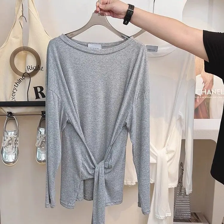 Design Sense Knot Fake Two-Piece Sunscreen T-Shirt Women Summer Autumn Loose Waist-Cinching Lightweight Long Sleeve Top Trendy