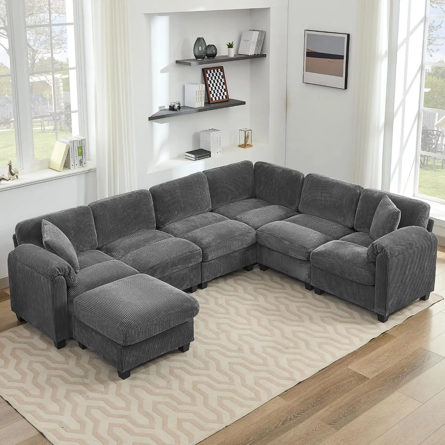 U-Shaped Sectional Sofa with Ottoman, Corduroy Modular Couch for Living Room, Deep Seat with 2 Pillows, Stitched Design, 7 Seate