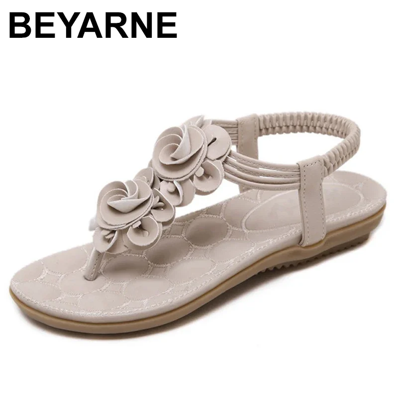 BEYARNE New Women Summer Casual Bohemia Flat Sandals Shoes Woman Flower Flip flop Sweet Beach Sandals Shoes Size 35-41