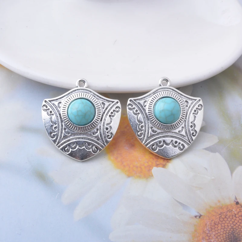 10pcs vintage style Antique Silver Color Alloy Imitation turquoise stone Heart Water Drop Round Leaf Charms Jewelry Pendants