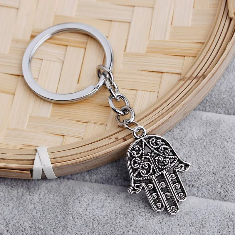 Fashion Hamsa Palm Fatima Hand 28x19mm Pendant 30mm Key Ring Chain Silver Color Men Car Gift Souvenirs Keychain Dropshipping