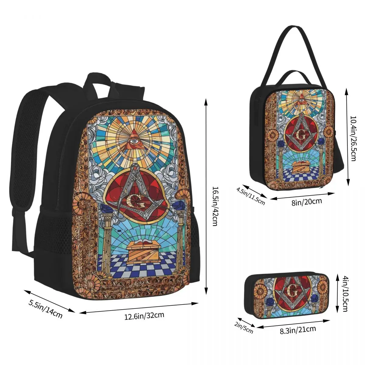 The Eternal Light Of The Freemason Masonic Mason Backpacks Bookbag School Bags Rucksack Lunch Bag Pen Bag Three-Piece Set