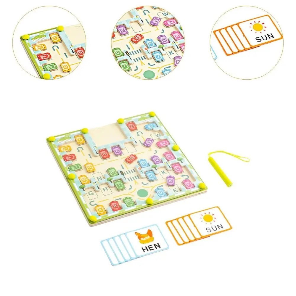 Drewniany Magnetyczny Labirynt z Kolorowymi Literami 26 Angielskich Liter Literki Montessori Puzzle Tablice do Układania Ćwiczenia Literowania Gra IQ