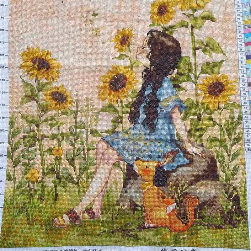 Handmade cross stitch finished product, leisurely time sunflower girl, new living room, bedroom with frame