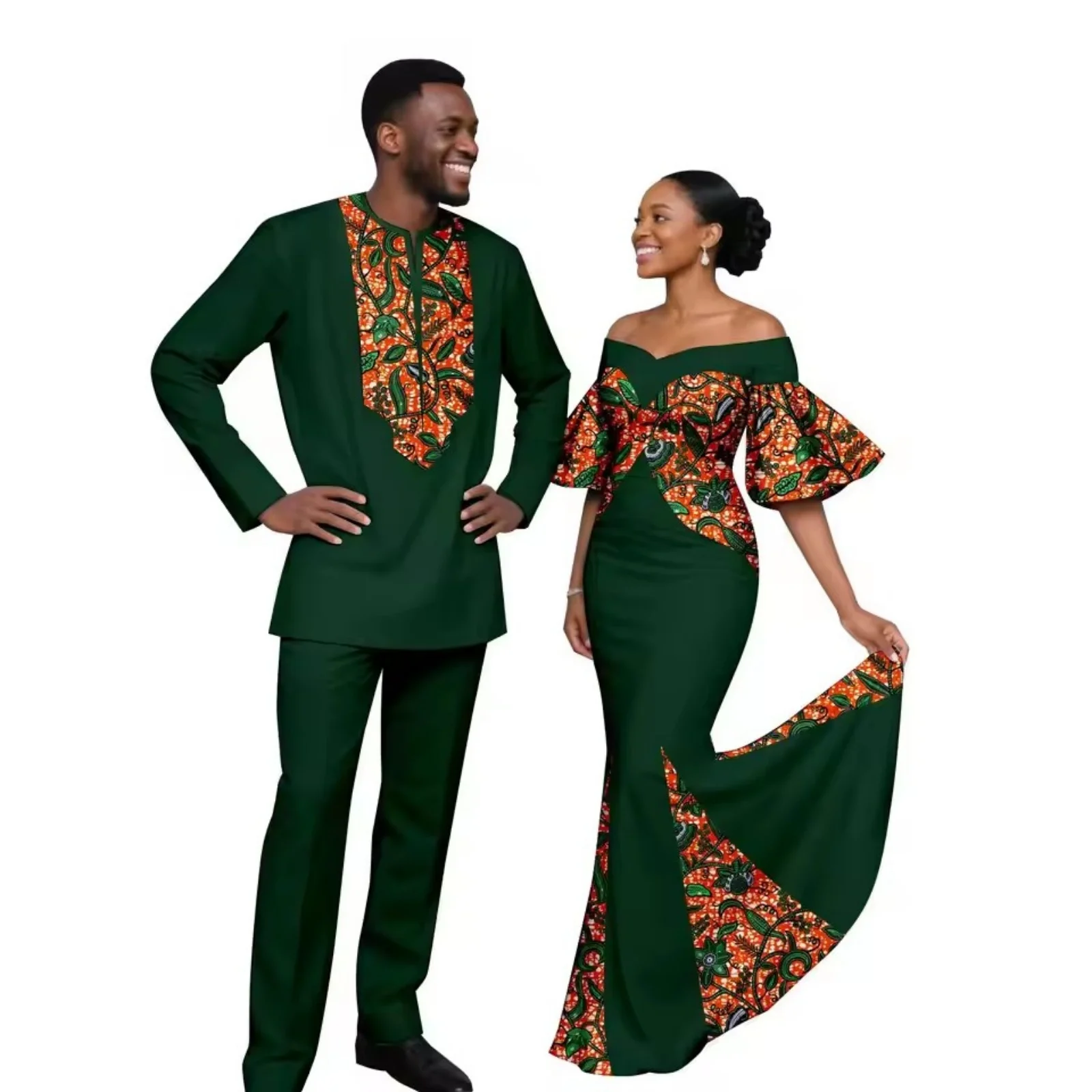 Sale New African Print Plus Size Cotton Mermaid Dresses for Women and Men Matching Couple Dashiki Top and Pant Sets