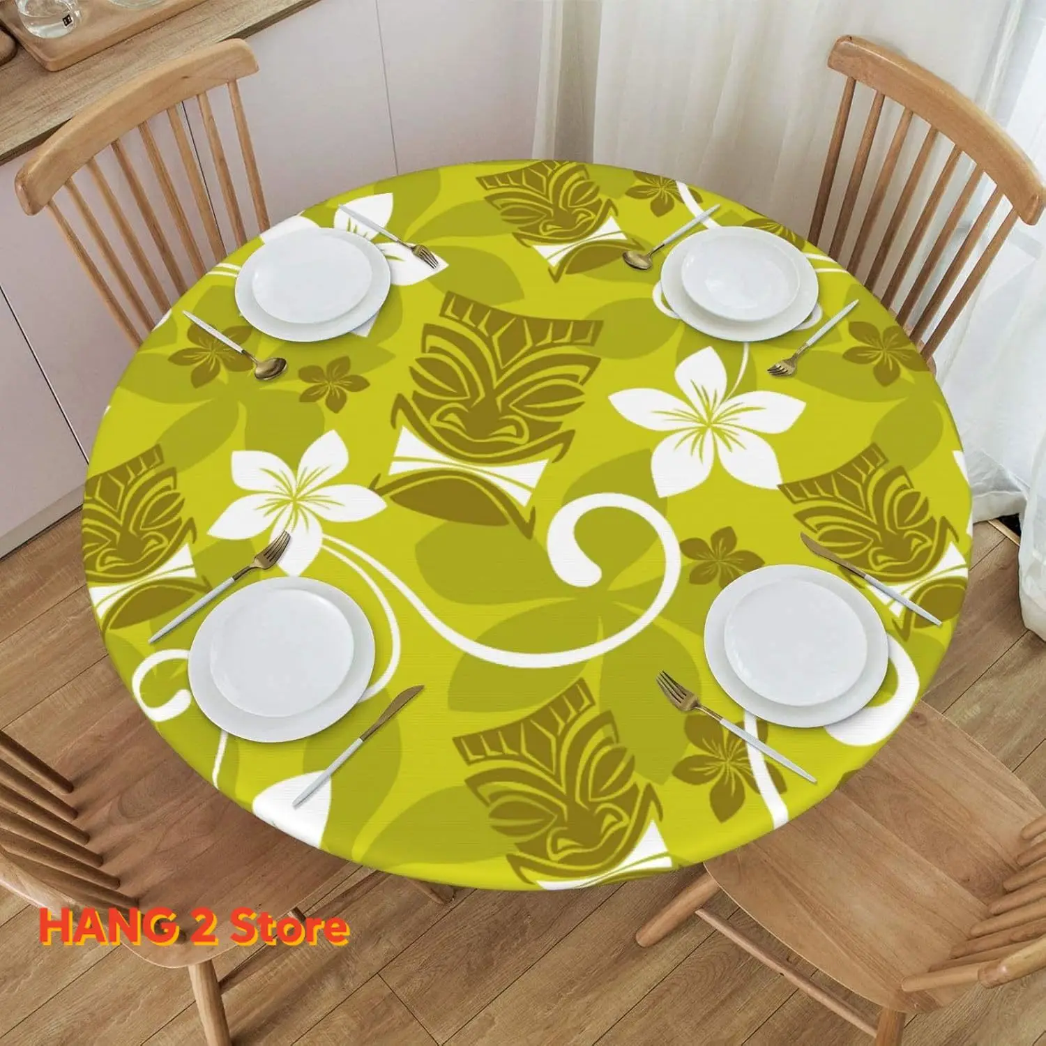 

Tropical Tiki Flowers Green Round Fitted Tablecloth with Elastic Protector Table Kitchen Dinner Waterproof Oil-Proof Tabl