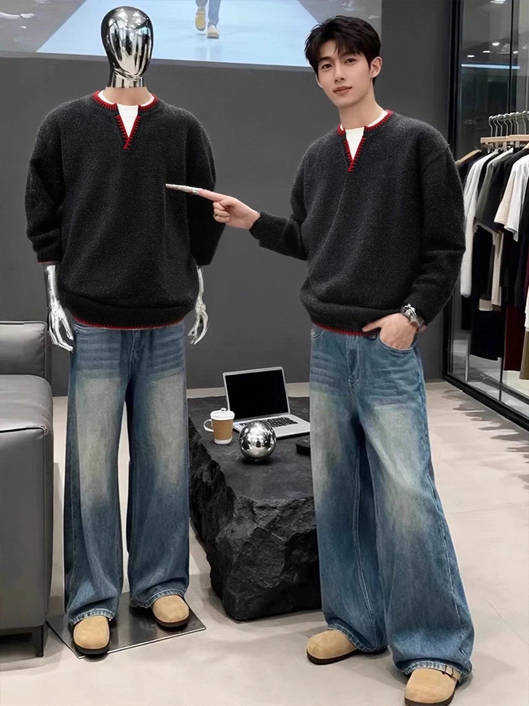 

Мужской вязаный свитер Bla Henry с воротником, зимний, шерстяной, с V-образным вырезом, теплый базовый слой, имитация двухслойности, свободный крой, молодежный стиль