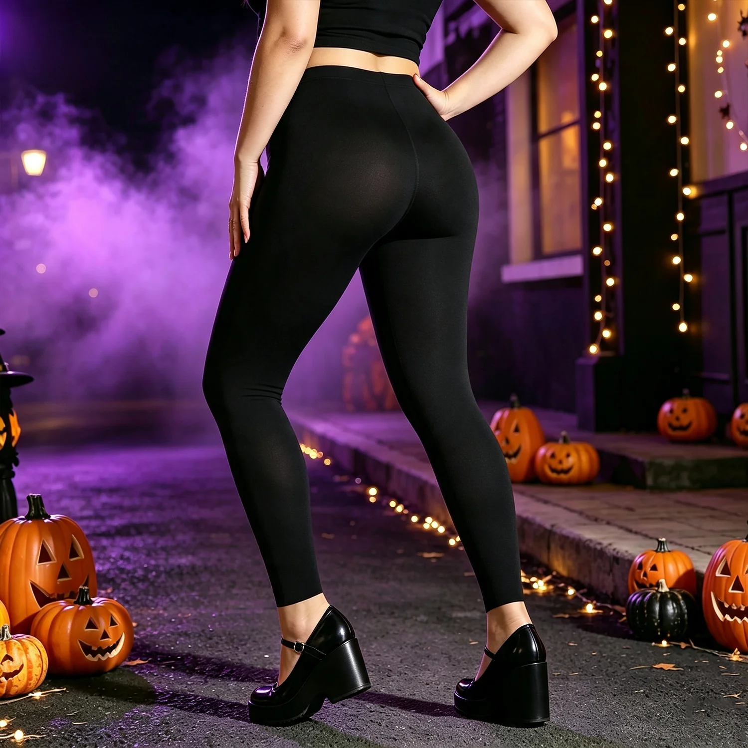 1 PC High Waist Solid Black Skinny Leggings Stretch Tummy Control Women Halloween Party Daily Sports Pants