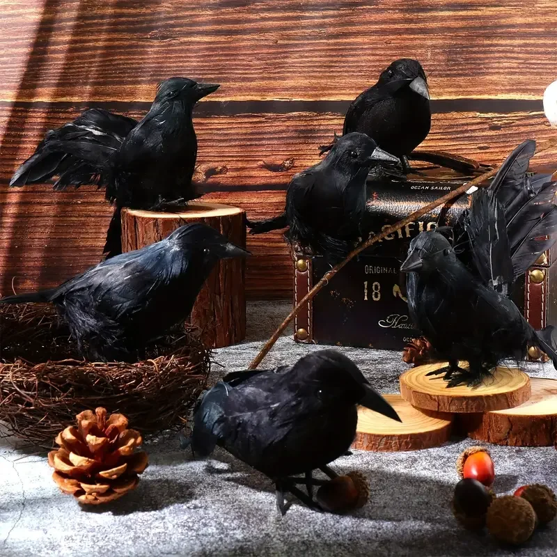 

1-6PCS Halloween Decoration Black Feather Crow Spooky Mock Bird Prop for Haunted House Party Horror Scene Animal Decor Use