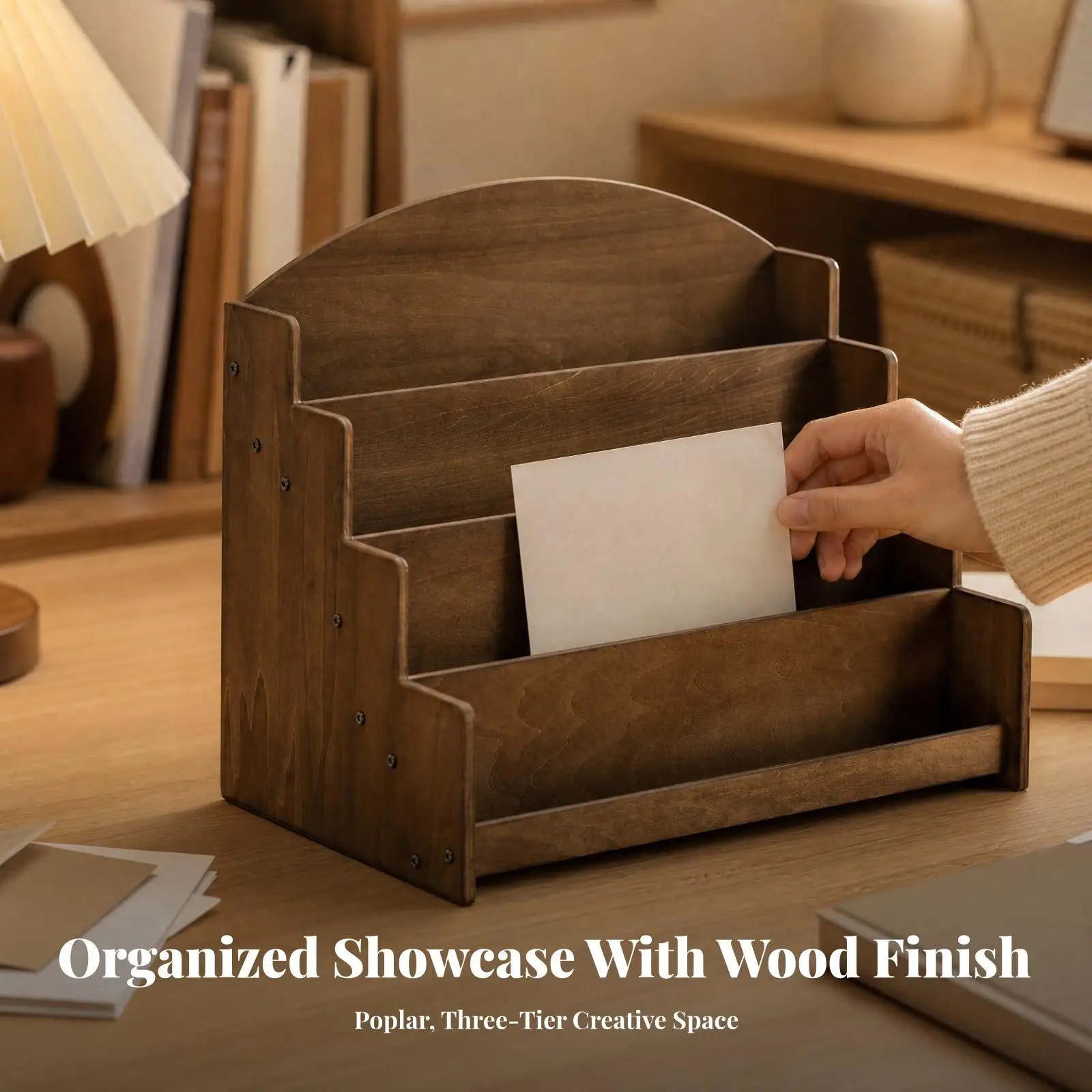 Tabletop Card Display Rack with Retaining Rails Wood Grain Wooden Desktop Display Rack Greeting Card Organizer Tiered