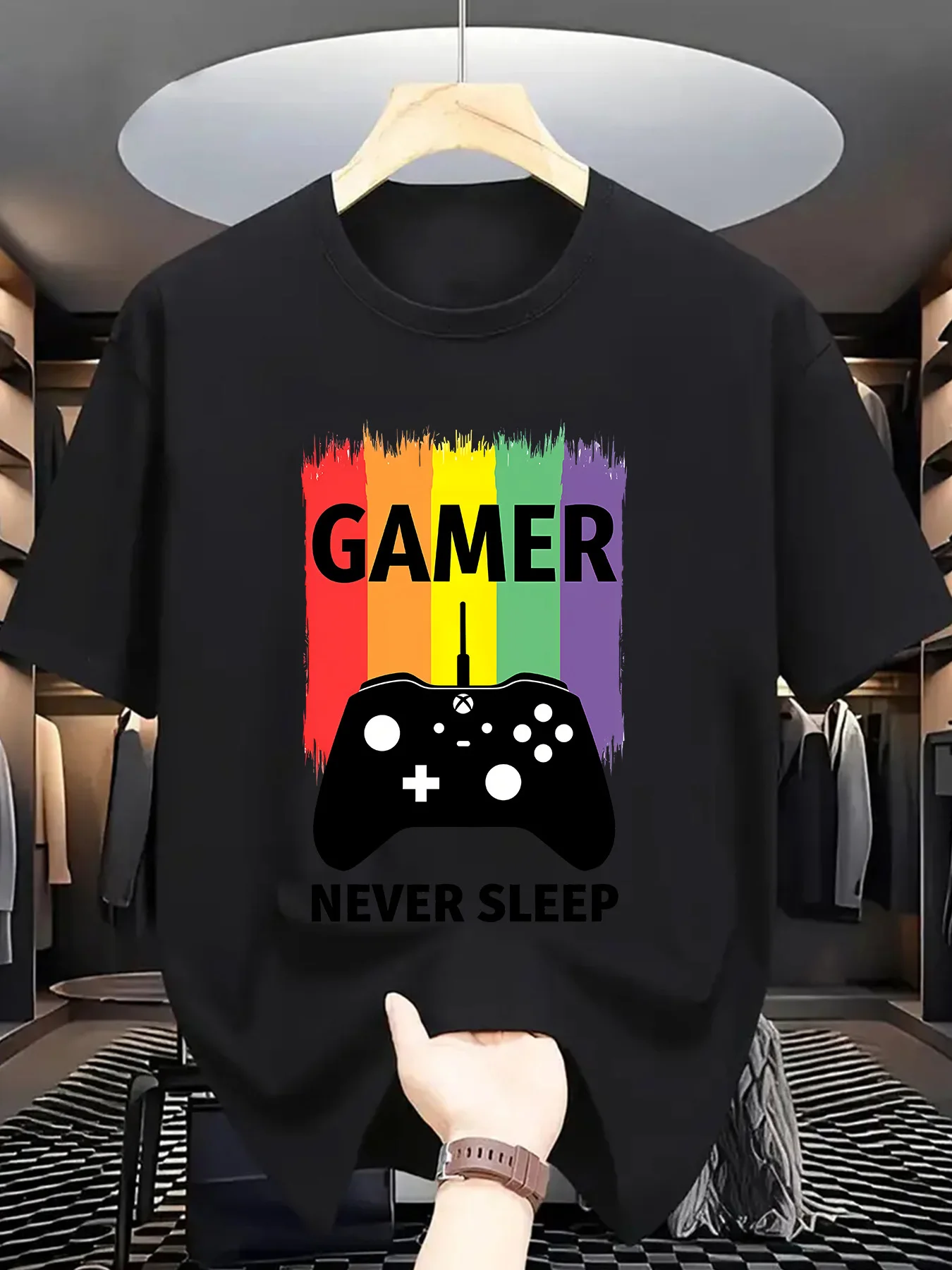 Gamer Never Sleep Mens Crew Neck T Shirt Game Controller Rainbow Brush Stripes Gaming Graphic Short Sleeve Casual Street Tops