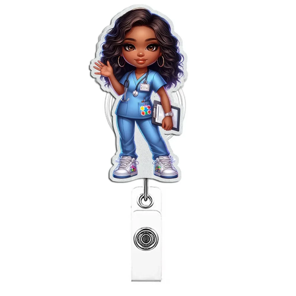 2D Flat Acrylic Buckle Easy To Pull and ID Card Medical Staff Buckle Rotating Cartoon Extendable Doctor Nurse Badge Decoration