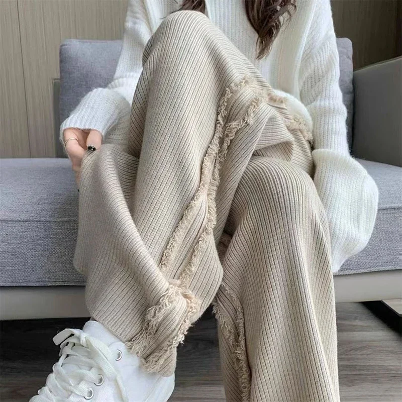 GIDYQ Warm Side Tassel Knitted Wide Leg Pants Women Korean Solid High Waist Drawstring Trousers Fashion Soft Casual Pants Winter