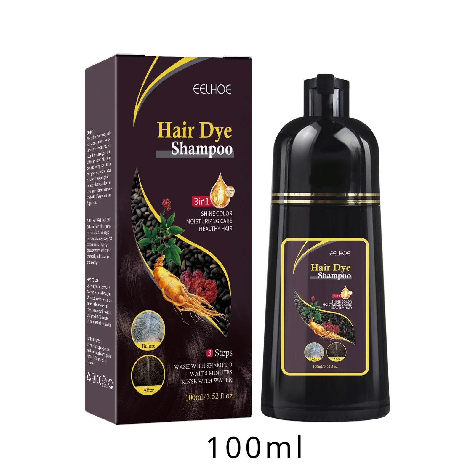 100 ml/500 ml Haarfärbe-Shampoo, 3-in-1, verdunkelndes Haar, sofort grau bis schwarz, Polygonum Multiflorum, natürliche Coloing-Abdeckung für Frauen