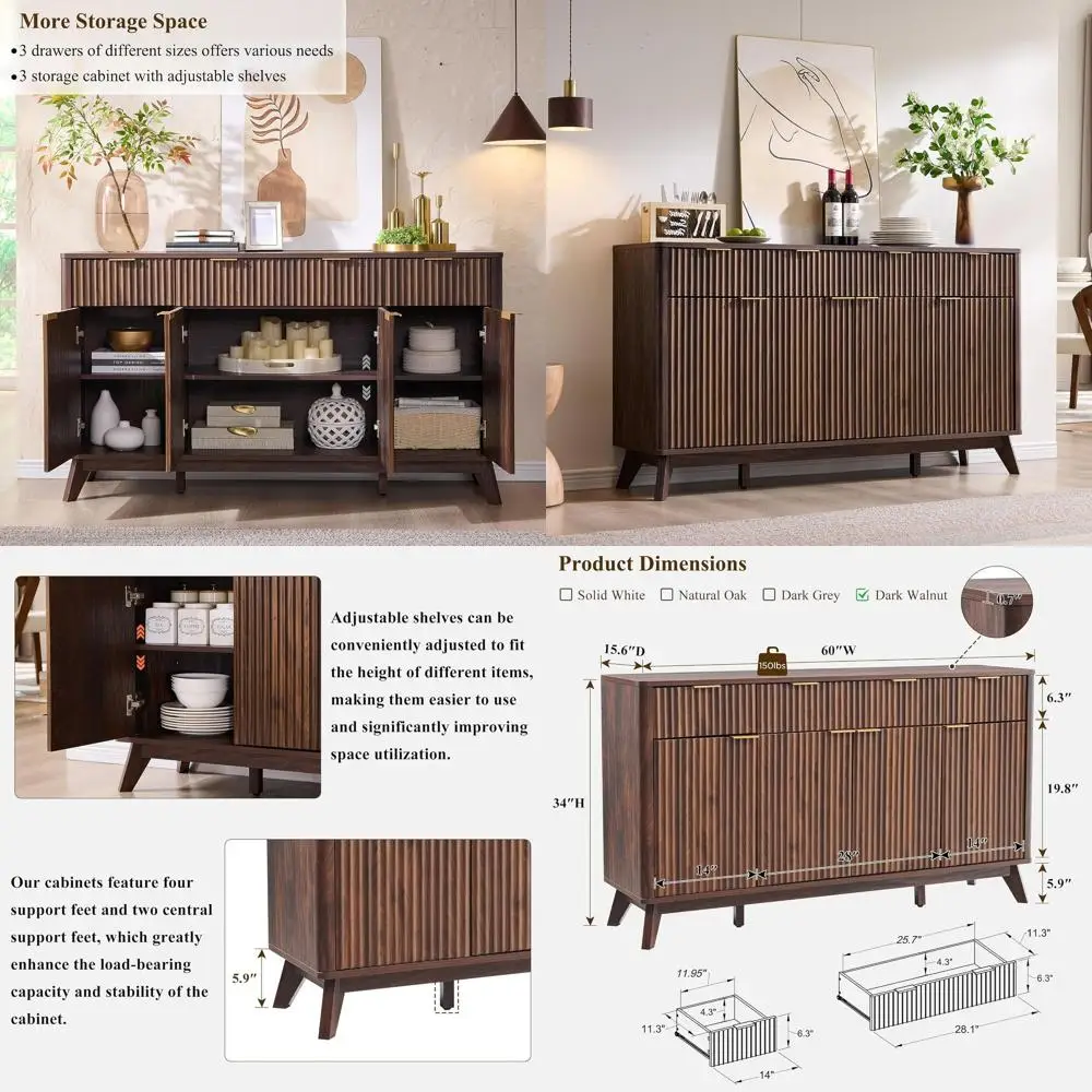 

Большой буфет из орехового дерева с хранилищем, 3 ящиками и 4 дверцами для столовой, гостиной, прихожей