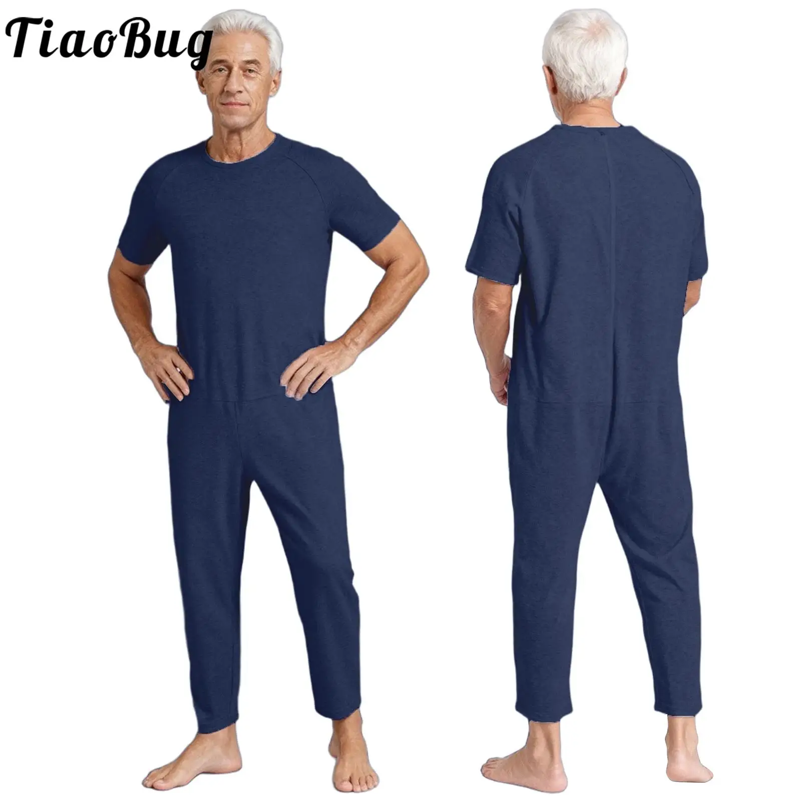 Adults Men Soft Adaptive Clothing Solid Color Short Sleeve with Back Zip-Up Jumpsuit for Dementia Elderly and Special Needs
