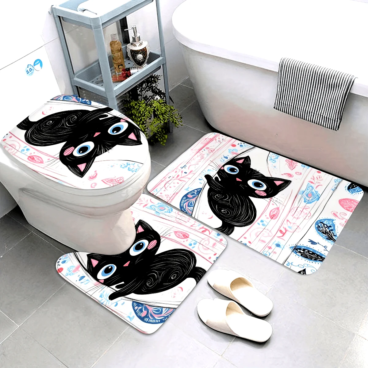 3pcs Cat Print Bathroom Mat Set Floor Rug Home Decor Toilet Bath Mats Slippers Cute Animal Prints Accessories Novelty Bathroom F