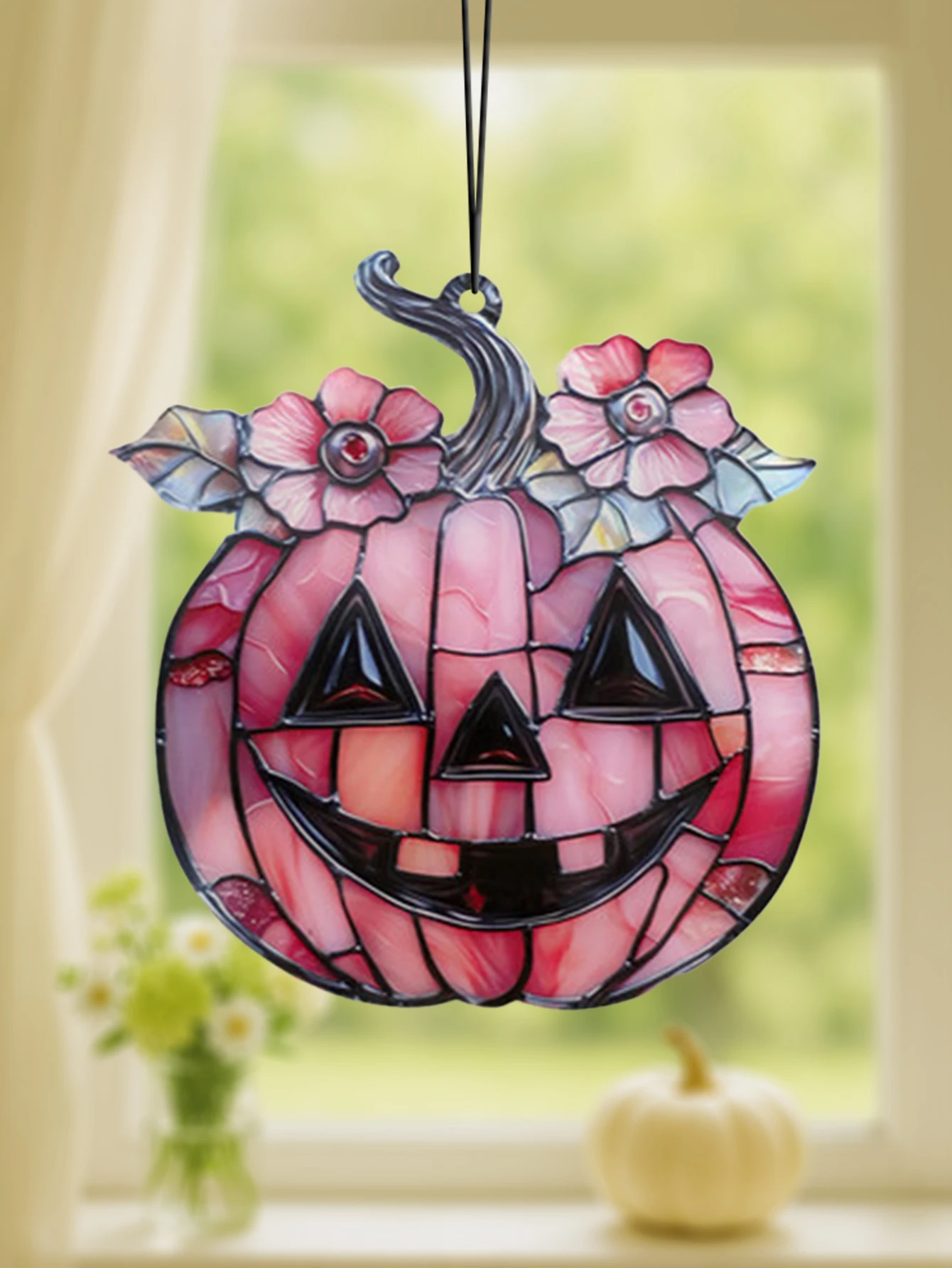 Halloween Pink Pumpkin Hanging Ornament Acrylic Sun Catcher with Floral Decor Bedroom Living Room Window Pendant Wall Decor Gift