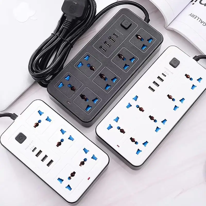 Universal Power Outlet with 2m Extension Cable; EU Plug Strip Socket with 3 USB & 1 Type-C Charging Ports