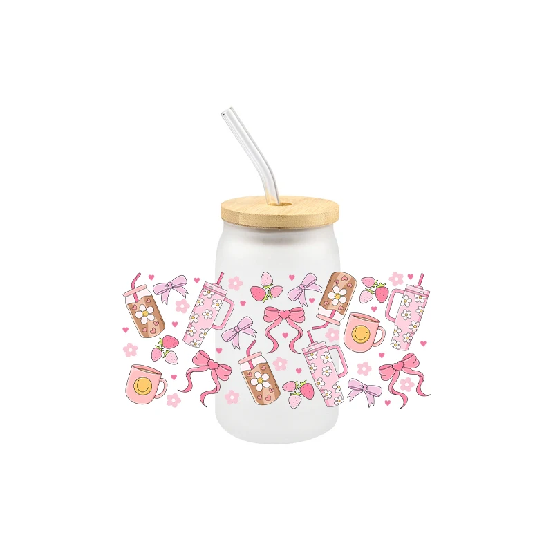 Cartoon 16OZ UV DTF Cup Wraps Cup Patter Smile Transfer Sticker For Glass Libbey Can Bottle Selfadhesive Washable DIY Custom