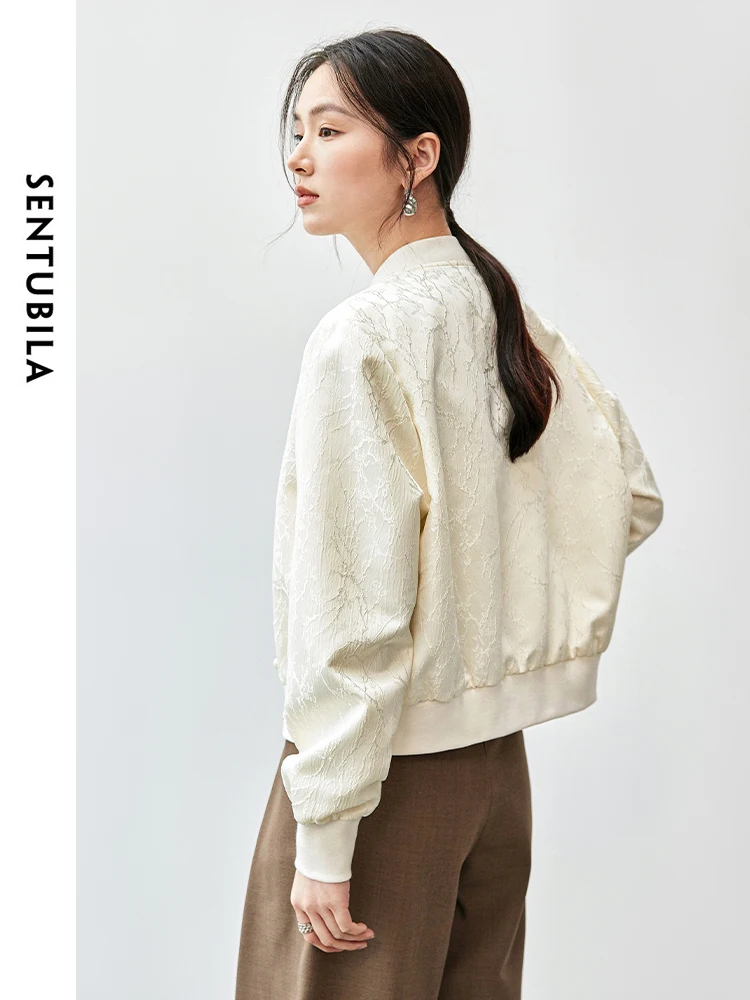 SENTUBILA New Chinese Style Jacquard Baseball Jacket for Women 2024 Autumn Fashion Loose V Neck Long Sleeve Coat 143W55778