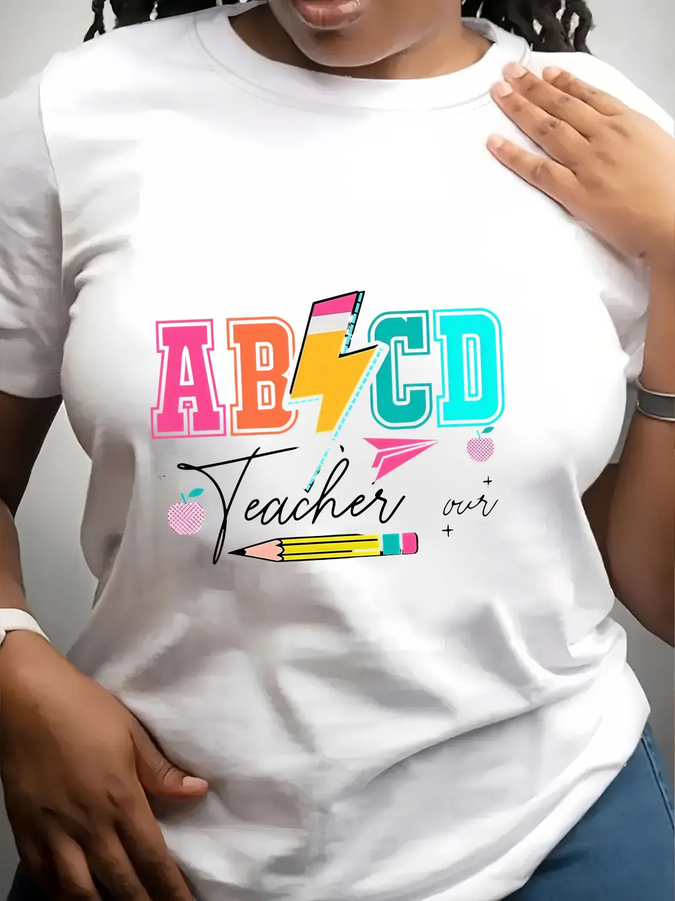 Women's Trendy Crew Neck T-Shirt Abcd Teacher over Pencil Design Suitable for Casual Sportswear