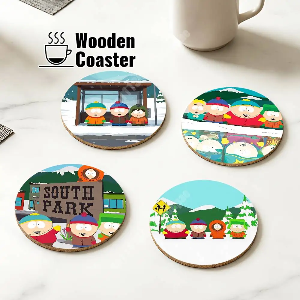 S-South P-Park Stan Kyle Cartman Kenny Wooden Cup Mat Cappuccino Vodka Juice Water Coaster for Flower Shop