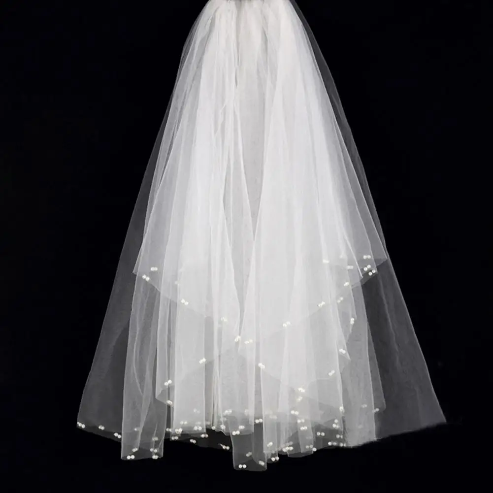 

Fluffy Bridal Veil Elegant Multi-layer Mesh Bridal Veil with Faux Pearls Embellishments Pure White Wedding Accessory for Women