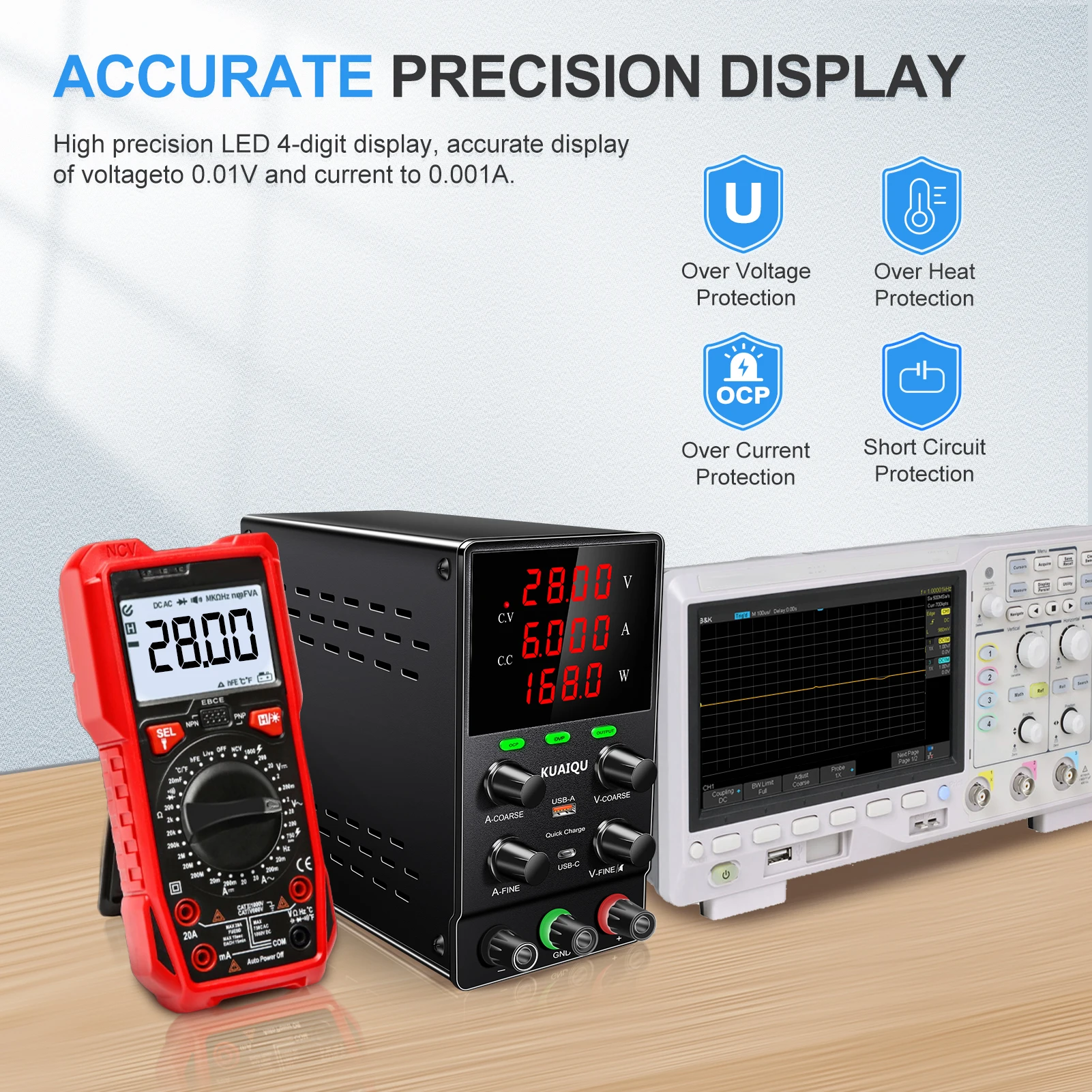 OCP OVP Upgraded DC Power Supply 30V 10A 300W OUTPUT Lab Bench Power Source USB-A/C 18W Quick Charging Port Voltage Regulator