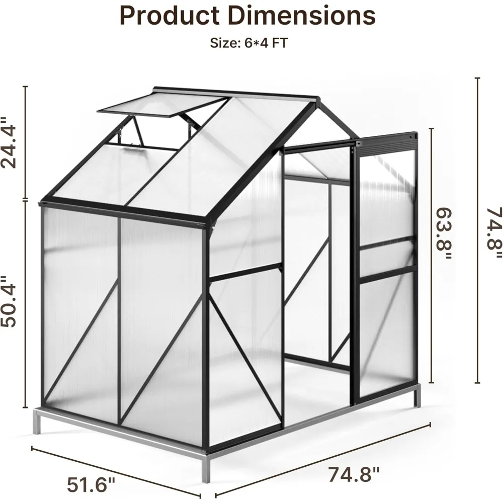 

Уличная теплица 6x4 футов, теплица из поликарбоната с быстрой установкой, регулируемым вентиляционным отверстием на крыше и раздвижной дверью