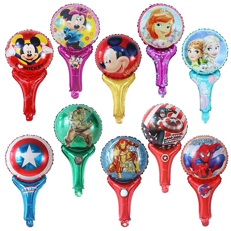 10pcs 25*35cm Hand Stick Hero Foil Balloon Mickey Minnie Spiderman Air Globos Balls Baby Kids Toys Birthday Party Decoration