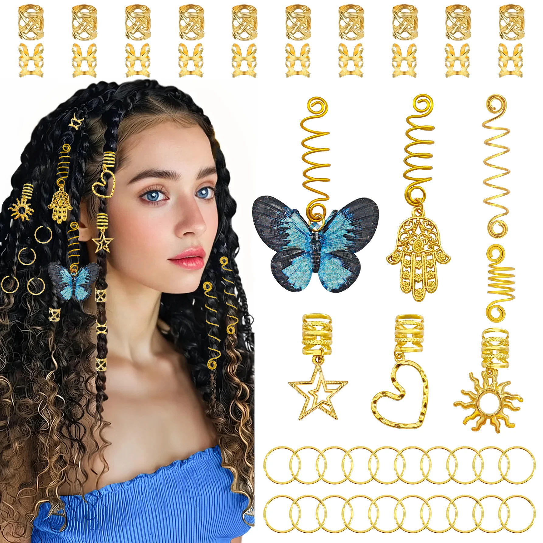 47 piezas de anillos para el cabello con diseño de mariposa y palma en negro y azul, con resorte elástico, corazones dorados, joyería bohemia para el cabello para trenzas de hombres y mujeres
