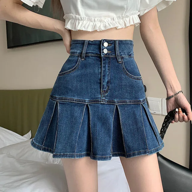 Lucyever Koreański styl Damska mini spódniczka dżinsowa Moda Wysoka talia Spódnice jeansowe Kobieta 2025 Lato Nowe uliczne plisowane spódnice