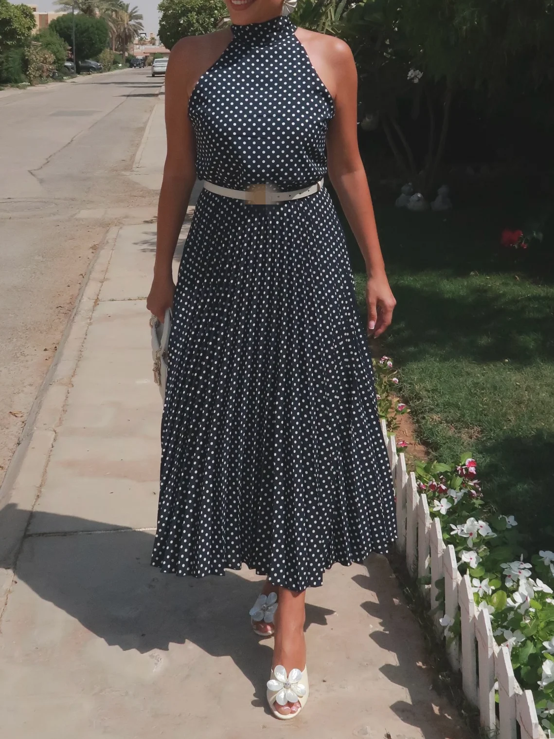 Vestido largo sin mangas de lunares a la moda de verano para mujer con cinturón con cremallera diseño sin espalda vestido de temperamento Sexy