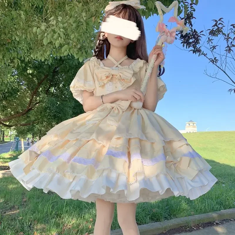 

High School Students Spring Summer Style Vintage Pastoral Op Short Sleeve Dress Girl Lolita Vestidos Princess Tea Party Yellow
