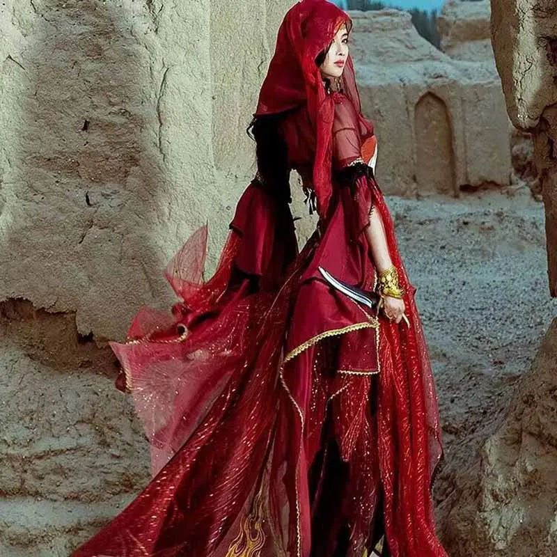 2025 new Festival Arabian Princess Cosplay Costume Women Indian Belly Dance Dress Hanfu Red Set Party Halloween Cosplay Coustume