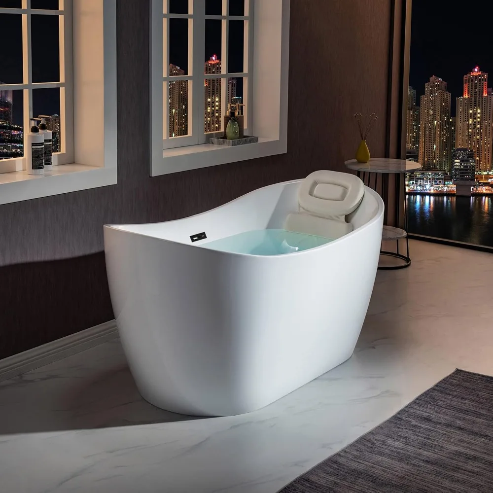 

59" Freestanding Bathtub with Bathtub Spa Pillow，Contemporary Soaking Tub with Matte Black Overflow and Drain，luxury Bathtub