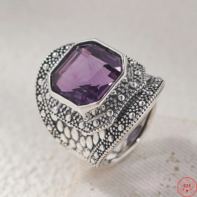 

S925 Sterling Silver Charms Rings for Women Men New Fashion Ancient Totem Square Natural Amethyst Punk Jewelry Free Shipping