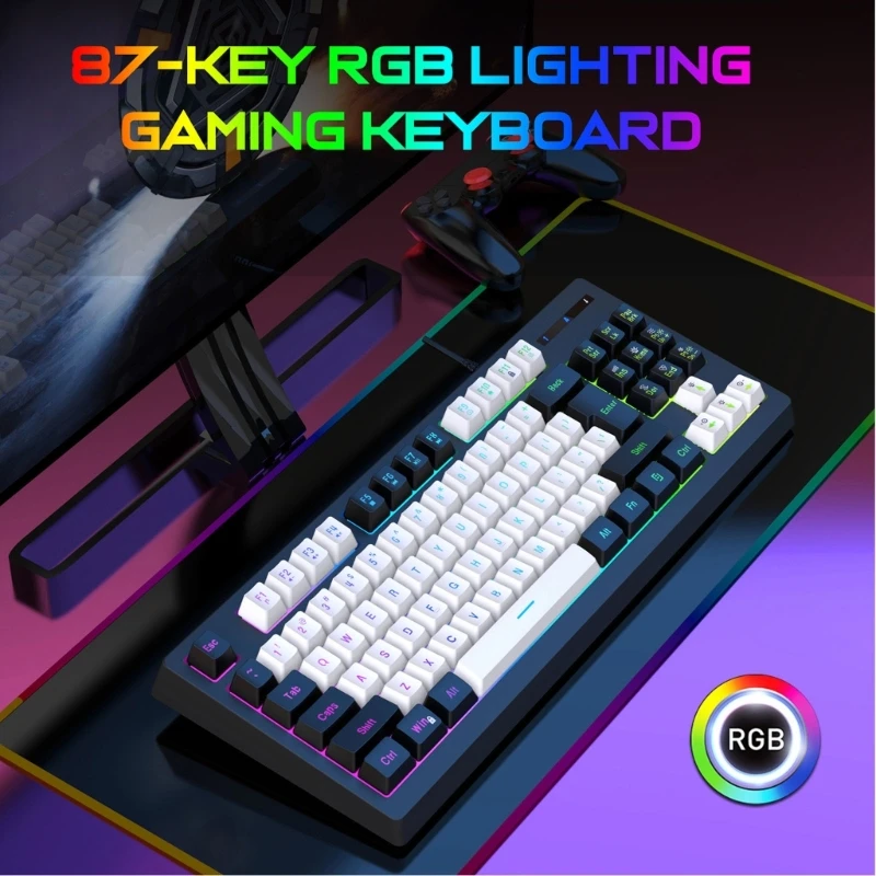 Compact 87 Keys USB Corded Thin Film RGB Backlit Keyboard Two Color Injections Keyboards for Office School Bedroom