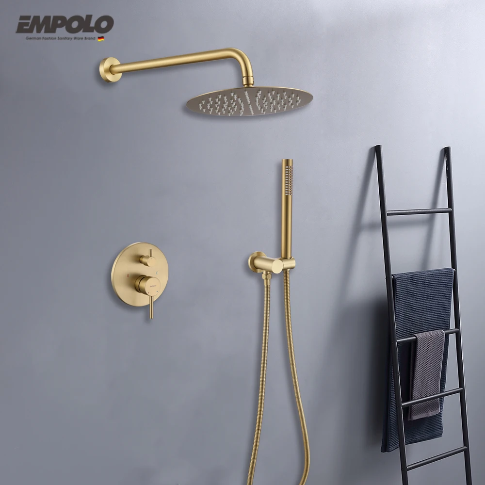 Empolo Factory Luxury cUPC Fashion Brass Concealed Shower Waterfall Rain Bathroom 180 Rotary Round Brushed Gold Bath Shower Set