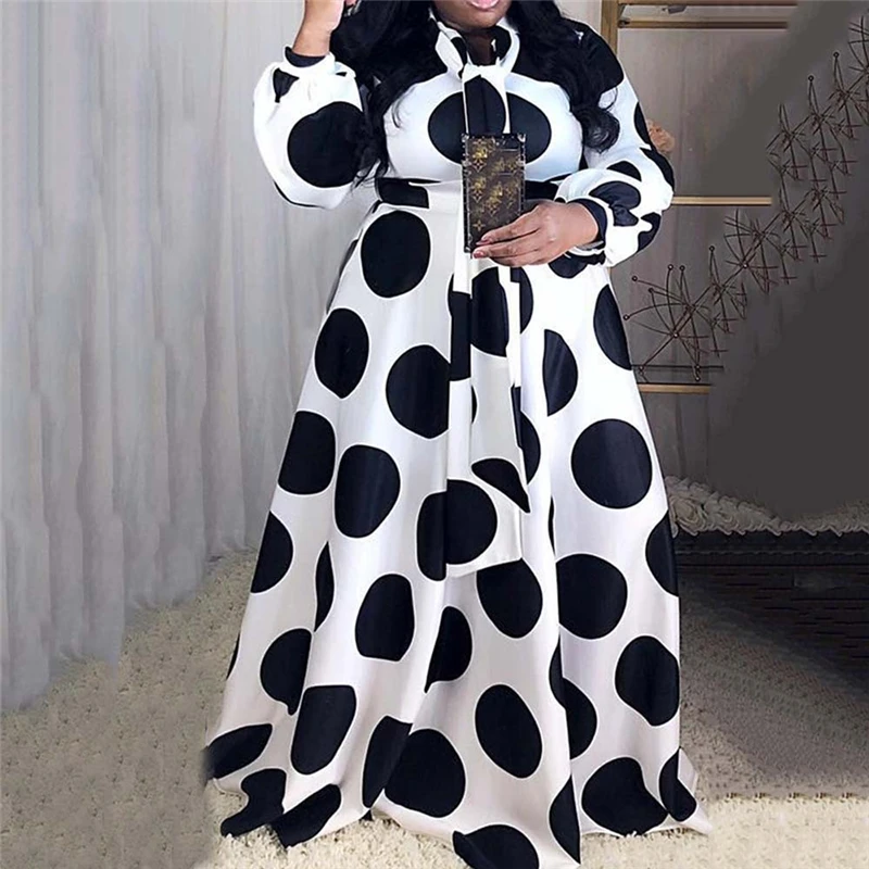 Plus Size Dresses Boho Dots Printed Maxi Dress for Women Autumn Long Sleeve Elegant Luxury Vestidos Evening Party Club Robe 2023